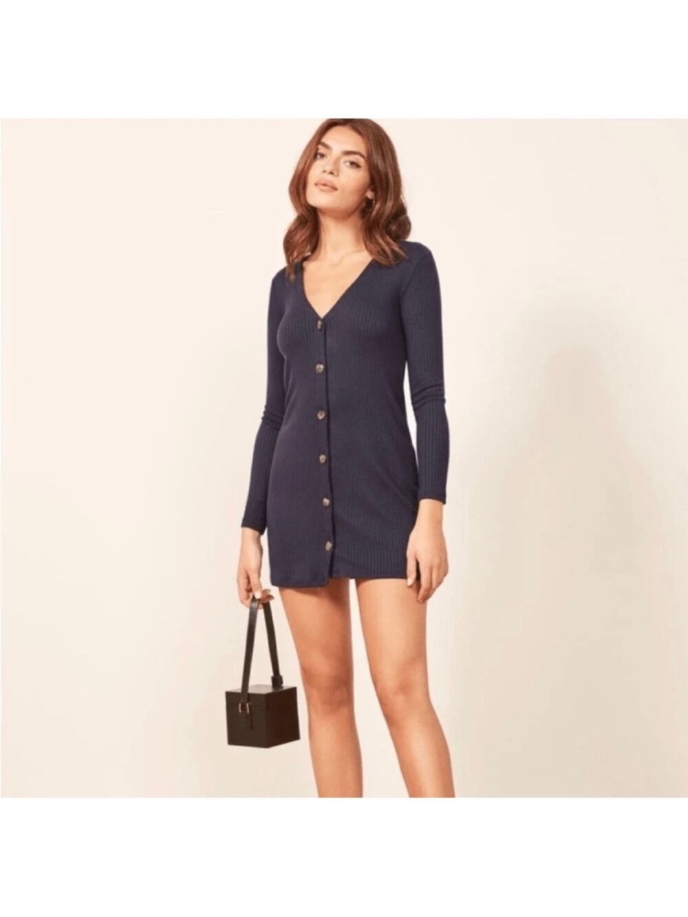Reformation Agatha Navy Ribbed Button-Front Mini Dress
